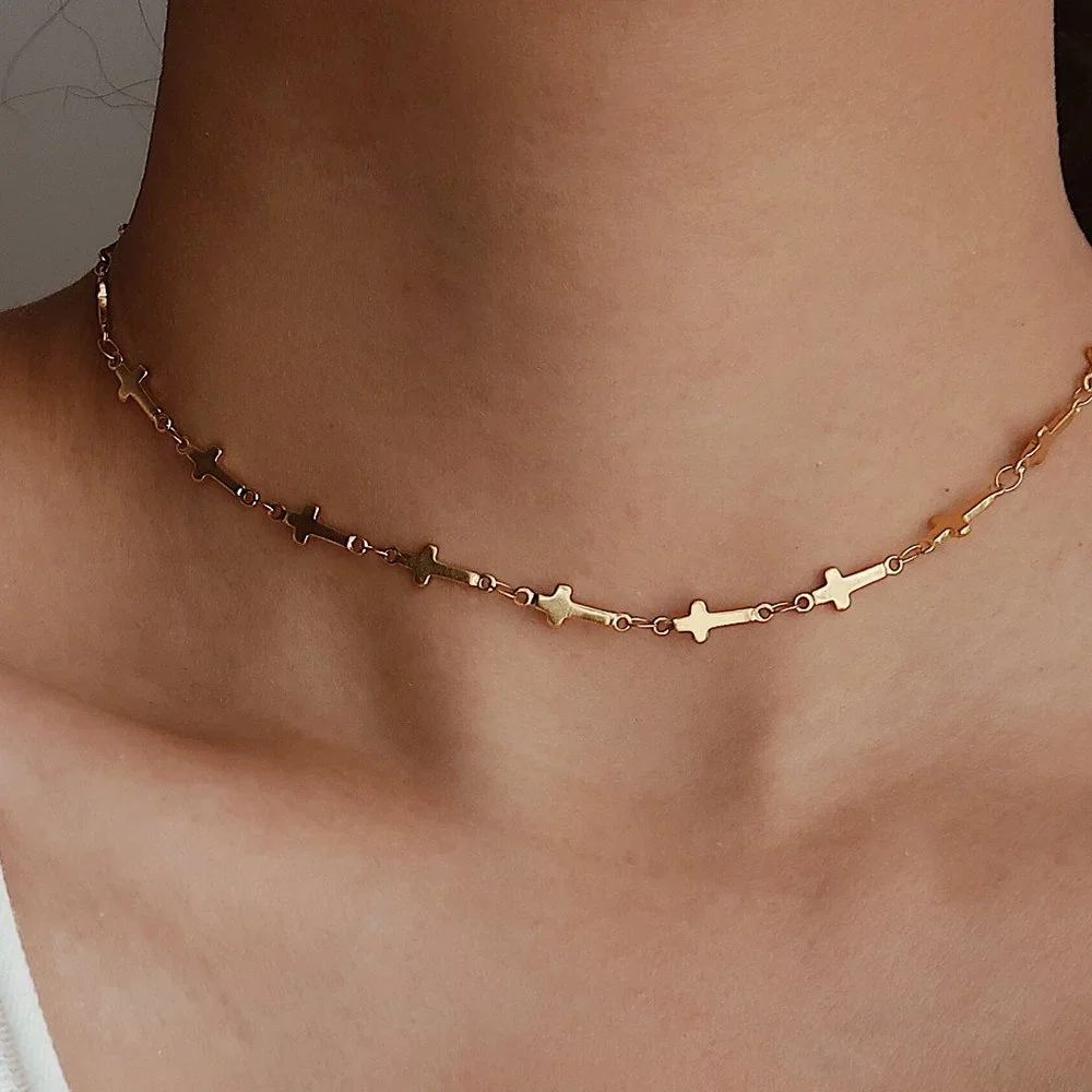 #NEW 18K Gold Plated Cross Choker Necklace - Picture 1 of 8